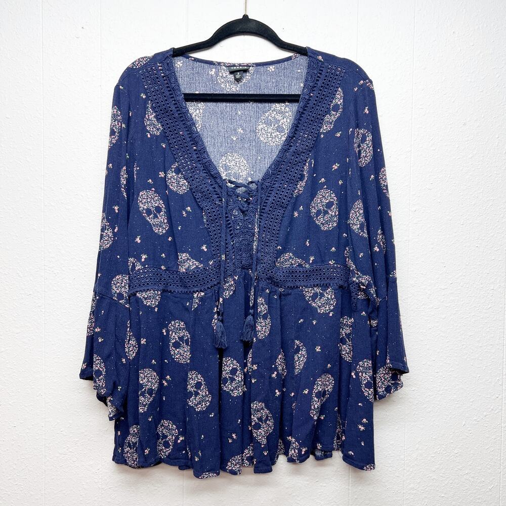 Torrid Womens Top Size 3X Boho Lace Up Bell Sleeves Crochet Gauzy Relaxed